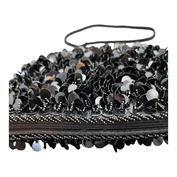 Vintage Black Sequin & Beaded Bag Evening Purse Strap Crossbody Zip Close EUC - Picture 7 of 9